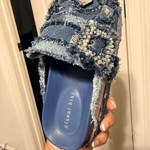 Gianni Bini Distressed Denim Mules with Embellishments